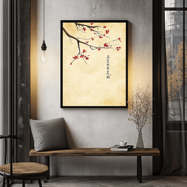 Japandi-inspired Japanese blossom art featuring red blossoms, suitable for creating a peaceful ambiance in any room.