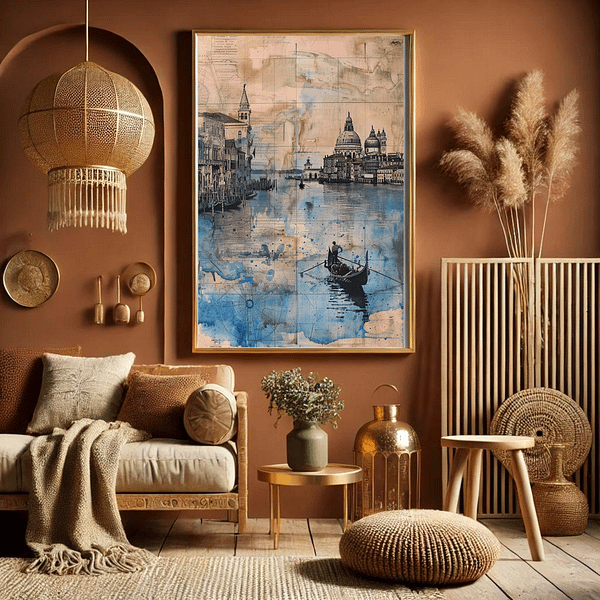 A Venice digital art in a gold frame against a warm terracotta wall, surrounded by woven textures and natural elements. The artwork's soft blue tones blend seamlessly with the boho decor's earthy hues.