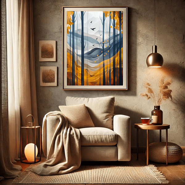 This peaceful reading nook features an armchair with a beige blanket, a small wooden side table, and warm lighting. The Aspen Autumn Wall Art adds autumn coloration to the background.