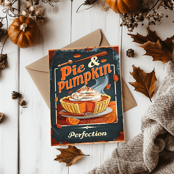 A folded card with the retro autumn poster design rests on a rustic table, surrounded by pumpkins, leaves, and cozy fall accents, ready for a seasonal greeting.