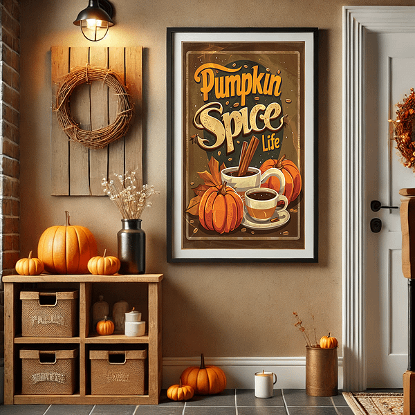 The "Pumpkin Spice Life" poster in a framed display, creating a warm and welcoming fall entryway with pumpkin accents and cozy, rustic charm, ideal for autumn retro decor enthusiasts.