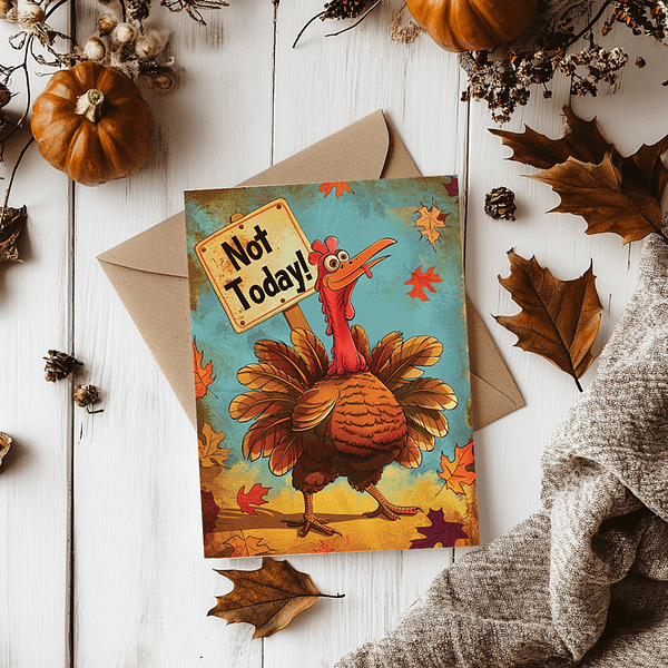 "Funny Thanksgiving Art" poster of a turkey with a cheeky "Not Today" sign, styled as a greeting card on a rustic wooden table. Decorated with cozy fall items like pumpkins, cinnamon sticks, and leaves, the scene evokes a festive autumn feel.