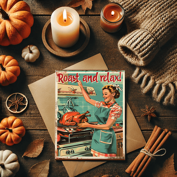 This playful Retro Thanksgiving Art mockup shows the poster as a greeting card, perfect for fall-themed invitations. Surrounded by cozy fall décor, including candles, pumpkins, and a wool blanket, this image exudes warmth and autumn spirit.