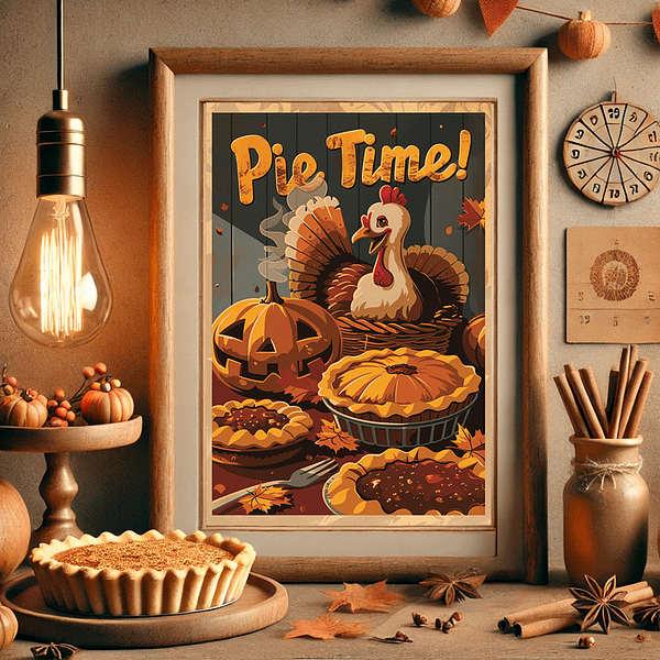 In this mockup, the Funny Fall Poster is placed on a table in a vintage autumn-themed room. The background features a soft light bulb, wooden shelves, and autumn decorations like mini pumpkins and cinnamon sticks. The setting exudes warmth with earthy tones of brown and orange.