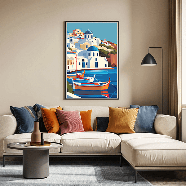 A single framed poster of colorful boats and whitewashed buildings in Santorini, Greece, hung above a cozy living room sofa. The room is styled with warm earth tones, creating a comfortable and inviting atmosphere.