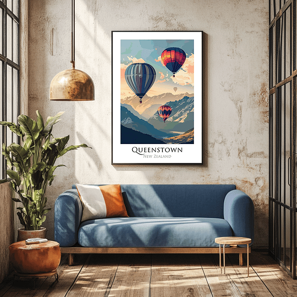 Queenstown Travel Poster in an industrial loft, showing hot air balloons over New Zealand’s breathtaking mountains.