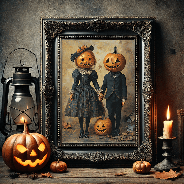 A Victorian Halloween Art piece displayed on a textured background with black roses and a dark lace cloth. The picture shows two pumpkin-headed figures in dark outfits, contrasting with the soft, moody atmosphere.