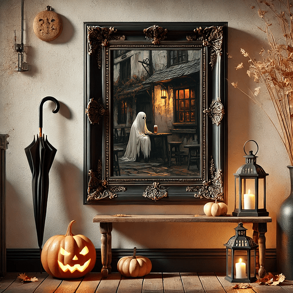 This framed Gothic Wall Art displays a ghost in a pub, set in a cozy entryway with carved pumpkins and glowing lanterns. The pub's warm candlelight and orange hues contrast with the dark walls and antique decor, creating a welcoming Halloween atmosphere.