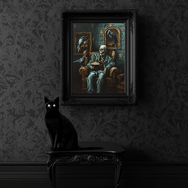 A dark gothic poster of a skeleton sitting with ravens in a black ornate frame. The scene has a dark green and brown Victorian-style backdrop, dim lighting, candles, and gothic vibes. A black cat sits nearby, completing the eerie setting.