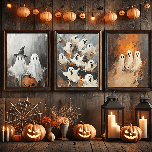 Three ghost paintings are displayed on a rustic wooden wall, surrounded by carved pumpkins and lanterns. Warm autumn tones and the Halloween spirit fill the scene, creating a charming Halloween Ghost Decor setup.