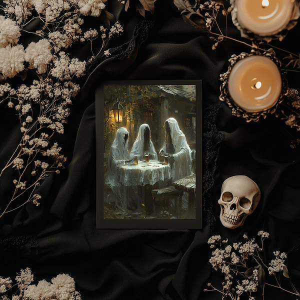 In this spooky ghost art, three ghostly figures drink beer and play cards at a table. Warm light from a nearby lamp creates a cozy yet eerie Halloween vibe in this haunted scene.