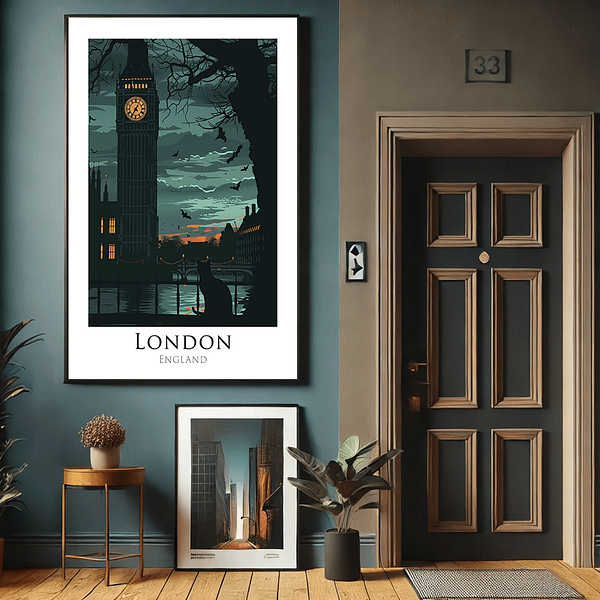 A framed Halloween London Art of Big Ben and bats in a spooky hallway. The decor includes black accents, plants, and warm lighting, creating a welcoming yet eerie atmosphere