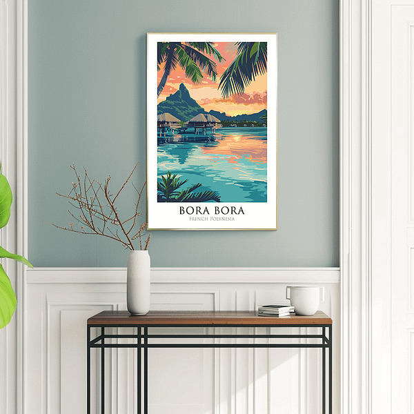 A gorgeous Bora Bora Travel Poster that transports you to the serene beauty of French Polynesia’s tropical islands.