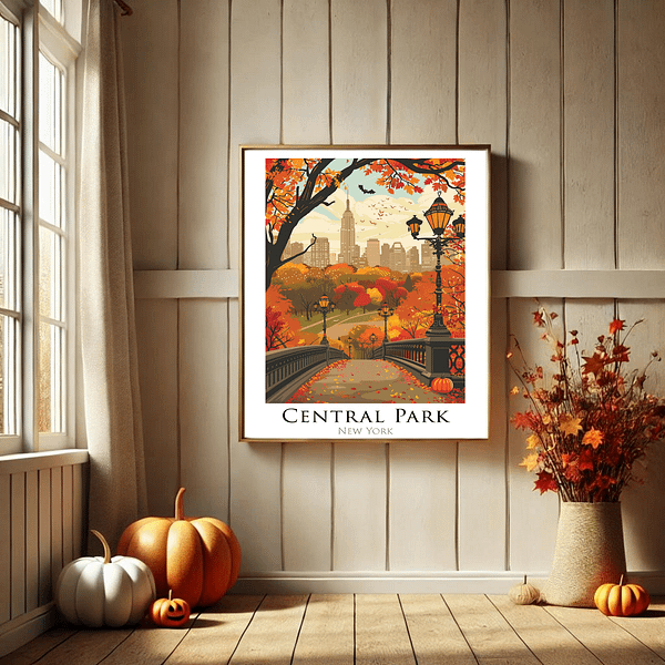 This Halloween NYC Art showcases Central Park in autumn with orange and red leaves, pumpkins, and the Empire State Building in the background. The artwork adds a seasonal touch to the cozy room with fall decor and soft lighting.