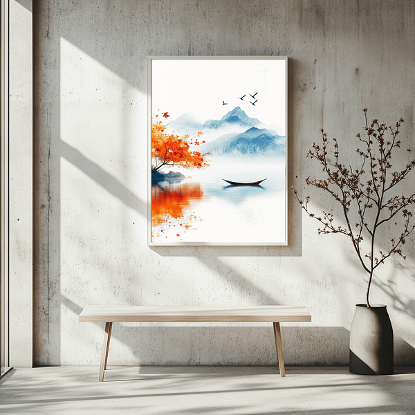 Industrial-style modern loft with a framed Japandi autumn decor print. The artwork shows a serene autumn scene with a boat and mountains. Exposed brick walls and a mustard sofa add warmth to the space.