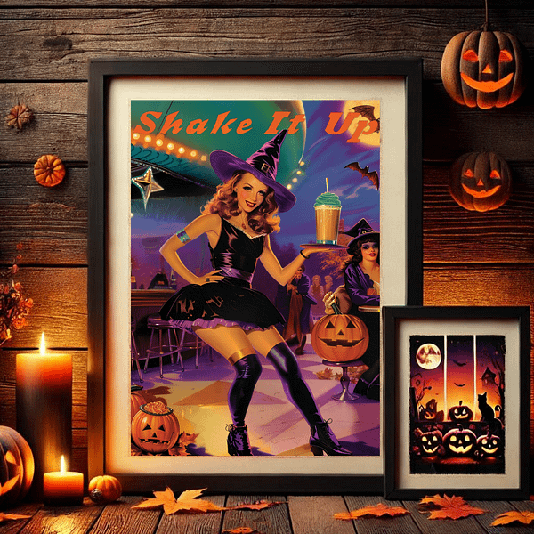 A wooden frame displaying retro Halloween decor surrounded by glowing candles, pumpkins, and autumn leaves. The rustic wood and warm orange tones create a cozy fall and Halloween setting.