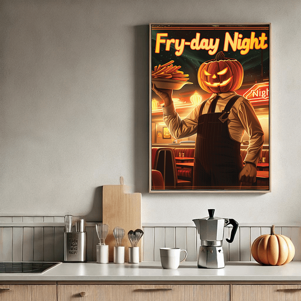 A modern kitchen mockup with a 3:4 framed Retro Halloween Diner Art hanging on the wall above the counter. Small autumn decorations complement the clean design.