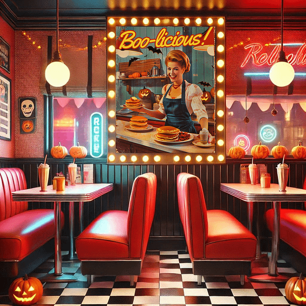 Retro Halloween Poster showcasing a 1950s-style diner. A playful pancake scene with pumpkin decor and festive autumn colors in reds, oranges, and browns creates a cheerful Halloween vibe.