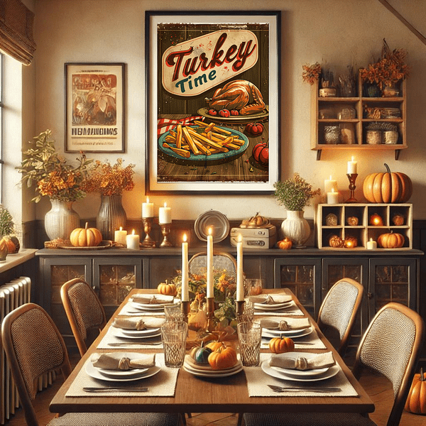 The Retro Thanksgiving Poster is displayed in a warm, inviting dining room. A beautifully set table with candles, pumpkins, and autumn decor creates a Thanksgiving atmosphere, and the poster adds a nostalgic, cozy feel to the scene.