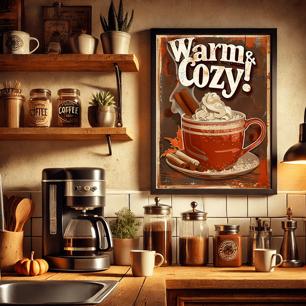 Retro Hot Chocolate poster displayed in a 1950s diner with neon lights, a jukebox, and checkerboard floors. The diner’s autumn decor adds to the warm, nostalgic vibe.