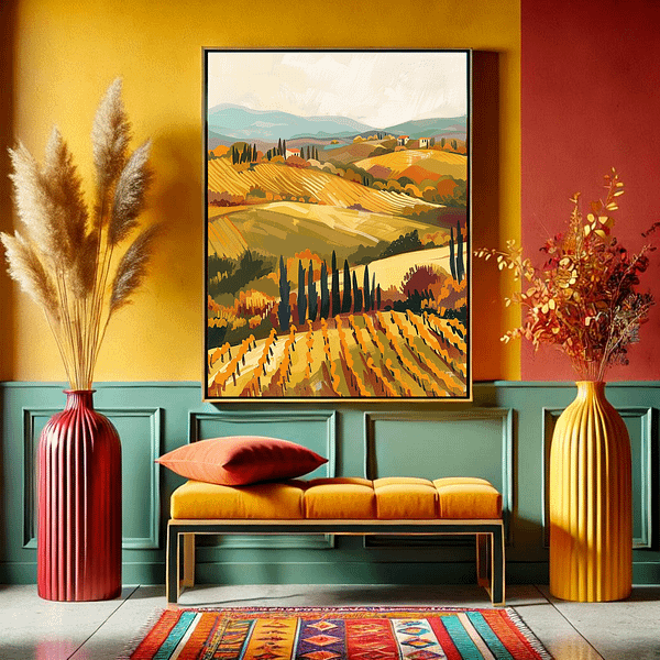 Tuscany travel art in a vertical 3:4 ratio frame hangs in a welcoming entryway with wooden floors. The entry is decorated with a wooden bench, a woven basket, and a vase of dried flowers, complementing the warm tones of the artwork.