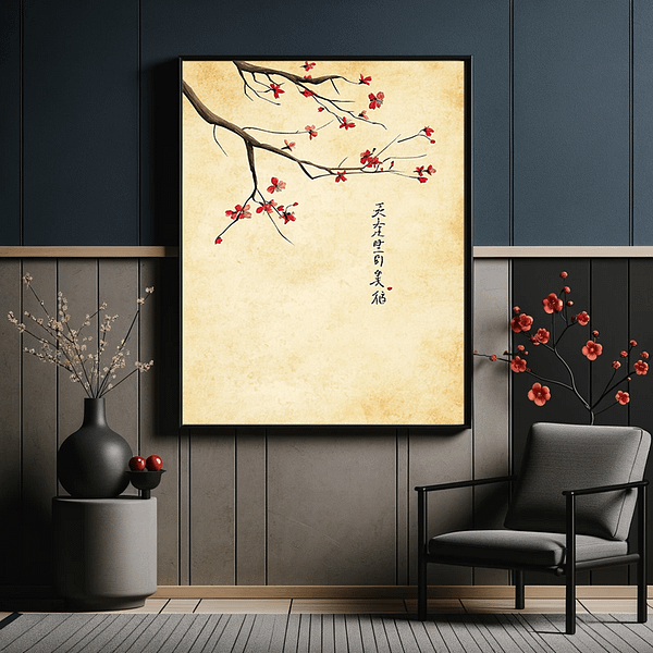 Timeless Japanese blossom art combining cherry blossoms and calligraphy, perfect for zen-inspired home decor.