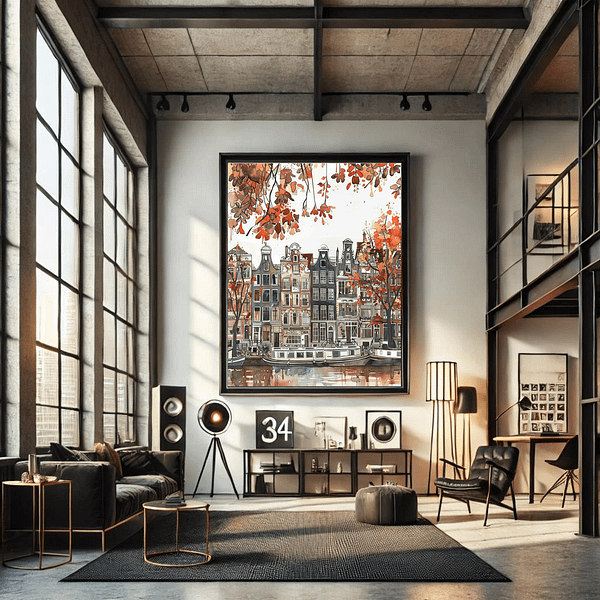 Amsterdam autumn art print in a modern industrial loft with high ceilings, large windows, and dark metallic accents. The artwork's warm, vibrant autumn colors contrast with the sleek, cool-toned interior.