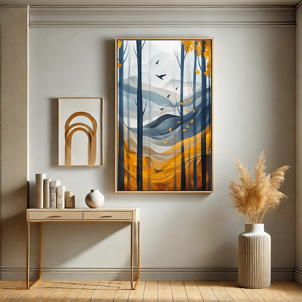 This Scandinavian-inspired hallway features light wooden furniture and neutral walls. The Aspen Autumn Wall Art in a vertical 3:4 frame draws attention with its rich autumn hues and natural elements.