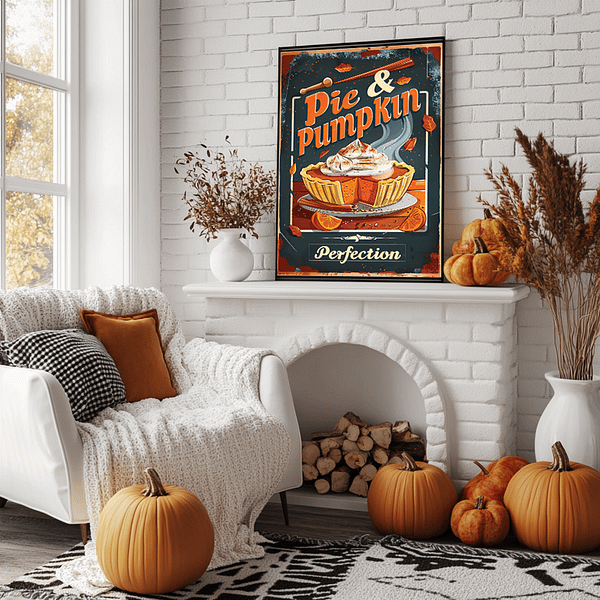 The retro autumn poster is framed above a fireplace mantel decorated with pumpkins and cozy fall accents. The bright orange hues of pumpkins contrast beautifully with a white brick wall.