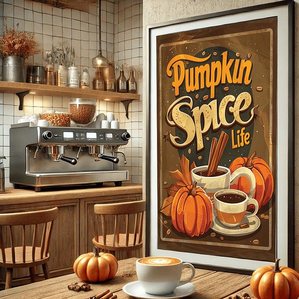 The "Pumpkin Spice Life" poster brings autumn warmth to a cozy coffee corner, with pumpkin decorations and cinnamon sticks, perfect for adding a vintage fall atmosphere to small spaces.