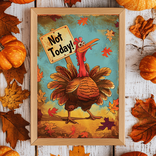 A framed "Funny Thanksgiving Art" poster showcasing a goofy turkey with a "Not Today" sign, styled in a modern yet cozy space. Vibrant orange, blue, and brown hues radiate fall vibes, perfect for festive and humorous decor.