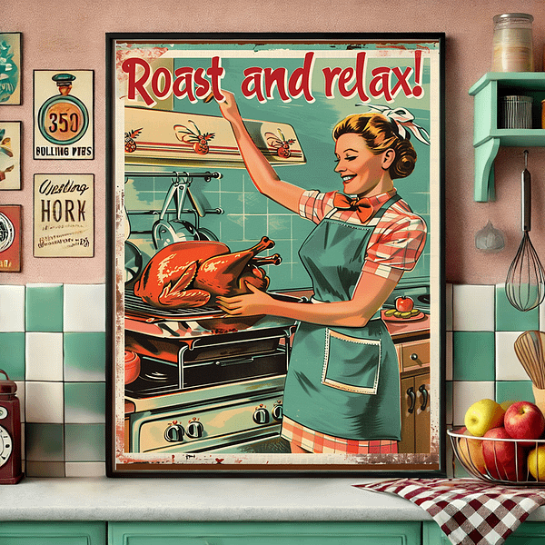 A Retro Thanksgiving Art piece brightens a colorful vintage-inspired kitchen with pastel cabinets and a checkered backsplash. The 1950s woman joyfully preparing a turkey blends perfectly with the playful, vibrant decor, making it an ideal retro fall decor piece.