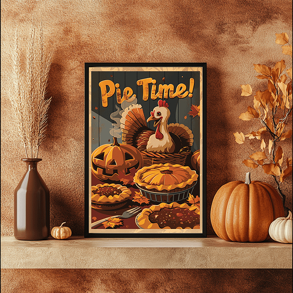 A Funny Fall Poster is displayed on a rustic, warm-textured wall with autumn decor. The framed poster is accompanied by a large pumpkin and dried wheat in vases, creating a neutral fall vibe with beige and orange tones. The minimalist setting highlights the cozy autumn spirit.