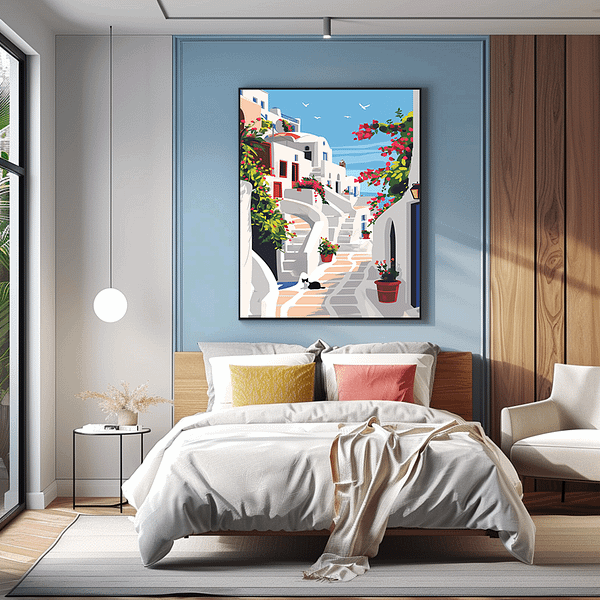 A set of three framed Santorini posters hanging above a stylish bedroom with a blue and beige color scheme. The posters depict the charming streets, vibrant boats, and scenic architecture of the Greek island, enhancing the room coastal vibe.