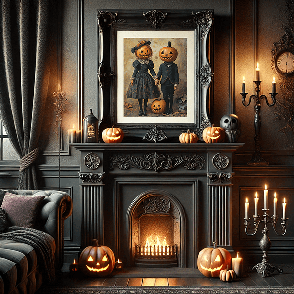 A black Victorian frame with two pumpkin-headed figures surrounded by gothic elements like glowing candles and black bats. The Victorian Halloween Art is enhanced by the dark background and soft candlelight, creating an eerie scene.