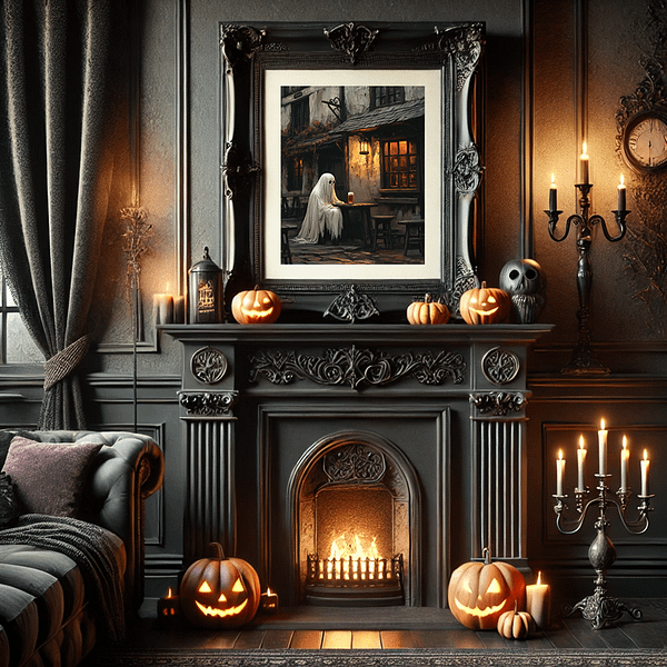 A Gothic Wall Art piece showing a ghost sitting at a pub table, framed and placed above a dark Victorian fireplace. The room is decorated with jack-o-lanterns, candles, and gothic elements, with warm lighting creating a cozy yet eerie Halloween atmosphere.