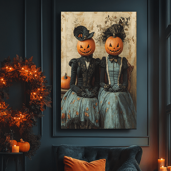 Gothic home decor with pumpkin head Victorian artwork above rustic side tables and glowing pumpkins.