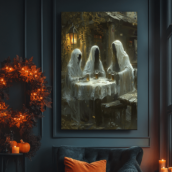 Three ghostly figures enjoy drinks and cards at a rustic table in this spooky ghost art. The warm candlelight and weathered wood background create a perfect balance of creepy and cozy for Halloween décor.