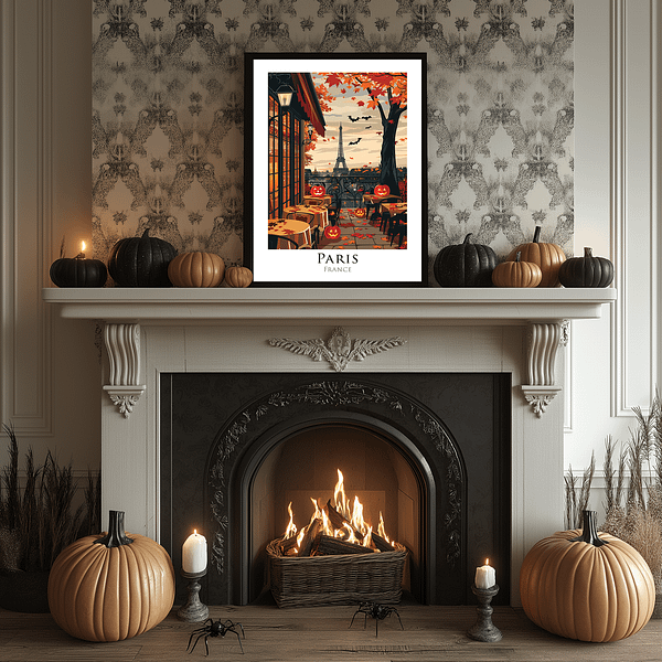 An inviting Paris café scene with pumpkins and jack-o'-lanterns on the terrace, with the Eiffel Tower visible in the distance. Soft candlelight, warm oranges, and autumn leaves complete the Halloween decor. Simple neutral walls highlight the fall ambiance.