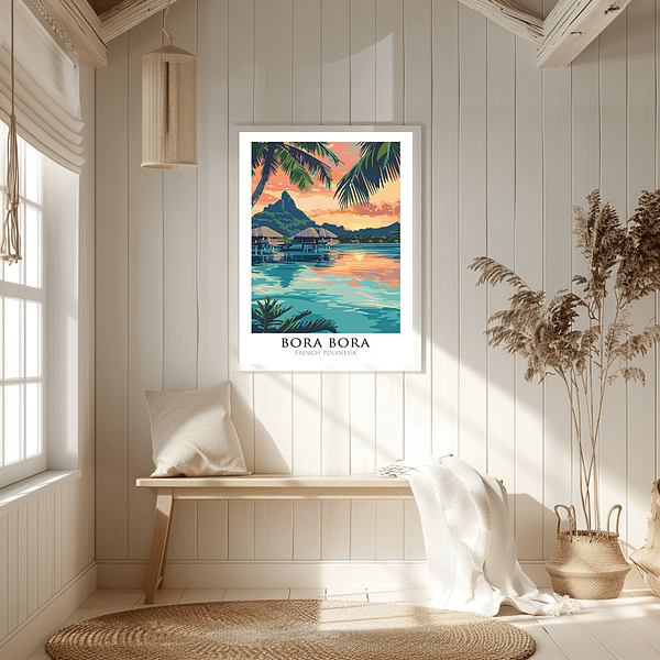 A peaceful Bora Bora Travel Poster showing the calm waters of the lagoon at sunset with the iconic mountain backdrop.