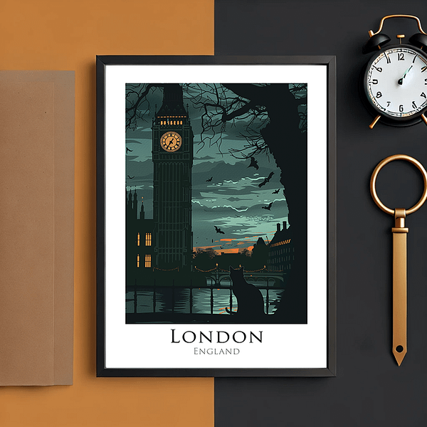 A Halloween London Art print of Big Ben with bats, displayed in a cozy autumn-themed room. Jack-o'-lanterns and wooden textures add warmth to the gothic, spooky atmosphere.