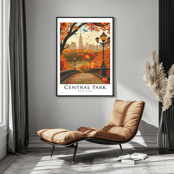 A Halloween-themed Central Park print featuring autumn colors and the Empire State Building. The dark, moody scene has scattered bats flying, all in a modern living room setting. The room has neutral tones, allowing the vibrant art to stand out.