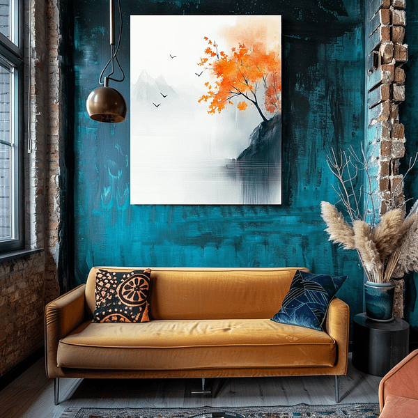 This bold living room has a teal accent wall and a single framed Japandi autumn decor print. The bright orange tree contrasts beautifully with the dark blue wall, mustard sofa, and minimalist decor.