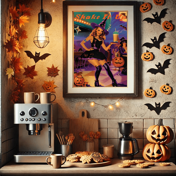 Retro Halloween decor, including pumpkin cookies, mini pumpkins, and bat cutouts, is framed in a coffee nook. Warm lights and earthy colors give the nook a cozy Halloween atmosphere.