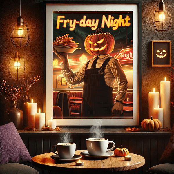 A cozy coffee shop mockup featuring a 3:4 framed Retro Halloween Diner Art. Two cups of coffee sit on the table with autumn candles and jack-o'-lanterns nearby, creating a festive, warm setting.