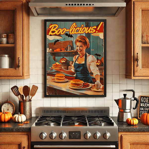 Retro Halloween Poster of a diner setting featuring pancakes and a festive "Boo-licious" caption. Warm autumn colors of brown, orange, and yellow enhance the nostalgic Halloween atmosphere.