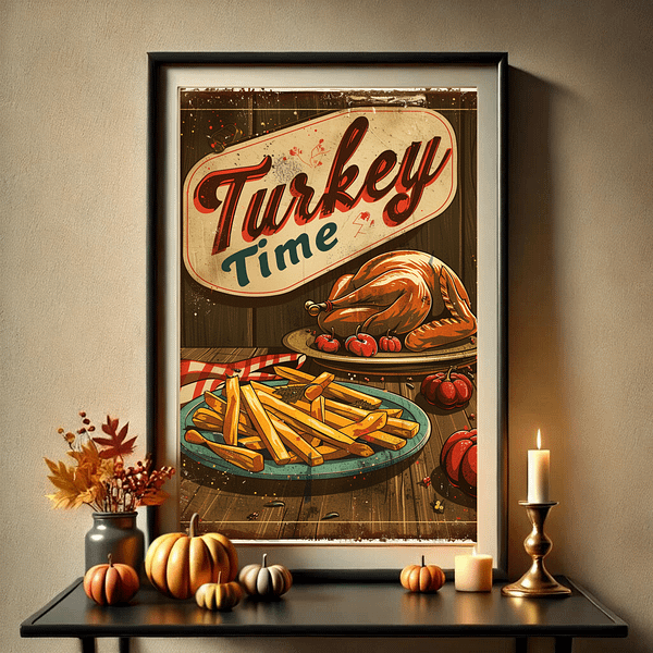 A Retro Thanksgiving Poster stands on a table surrounded by autumn decor. Pumpkins, candles, and fall leaves highlight the Thanksgiving theme. The room has neutral walls, and the warm lighting enhances the cozy and nostalgic vibe.