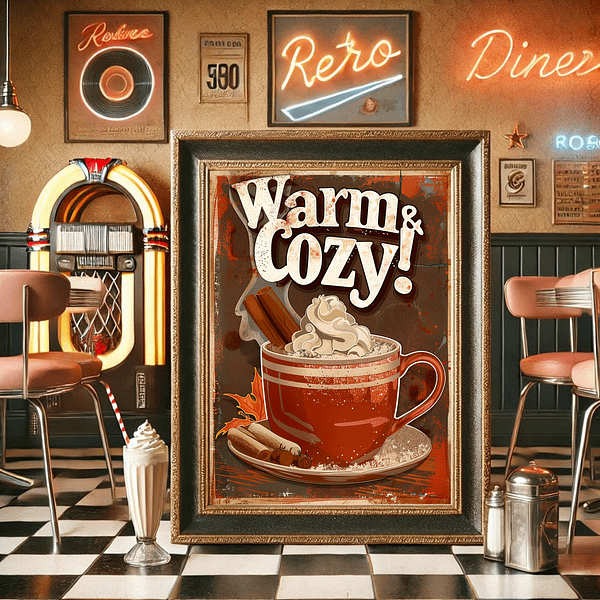 1950s diner scene with a Retro Hot Chocolate poster. Neon lights, pastel colors, a jukebox, and pumpkins create a fun, nostalgic autumn atmosphere.