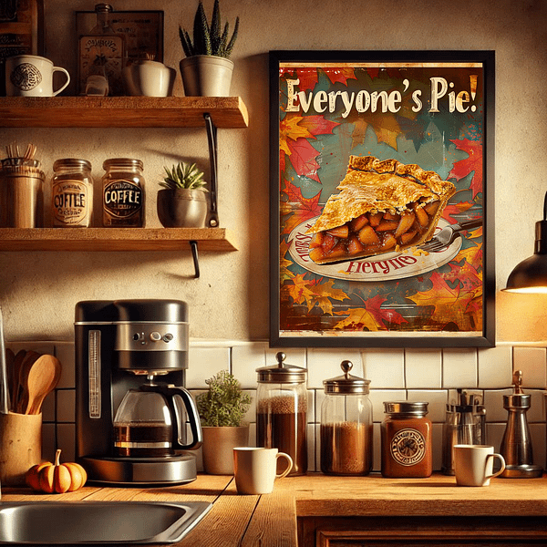 Retro Thanksgiving Decor framed poster of apple pie displayed next to a coffee maker, mugs, and wooden shelves. Warm lighting and autumn decorations enhance this cozy coffee corner, making it perfect for fall or Thanksgiving.