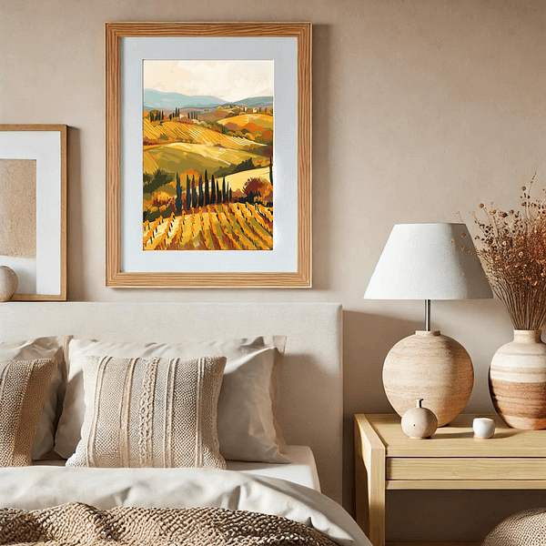 A vertical 3:4 ratio frame showcasing Tuscany travel art hangs on the wall of a calm bedroom. The room features soft beige tones, a wooden nightstand, and a lamp, all complementing the warm colors of the artwork.